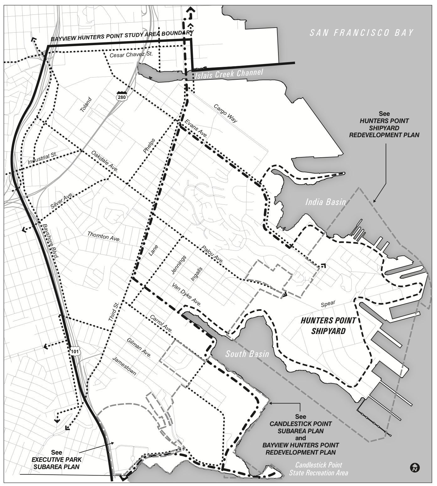 Proposed Bayview/Hunters Point Bicycle Access Planning Map, showing it’s connection to Illinois St. at the north